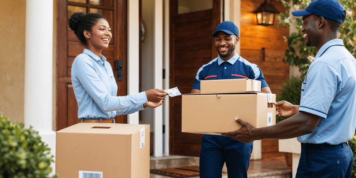 Entregador recebendo pagamento em dinheiro ou cartão no momento da entrega do pedido